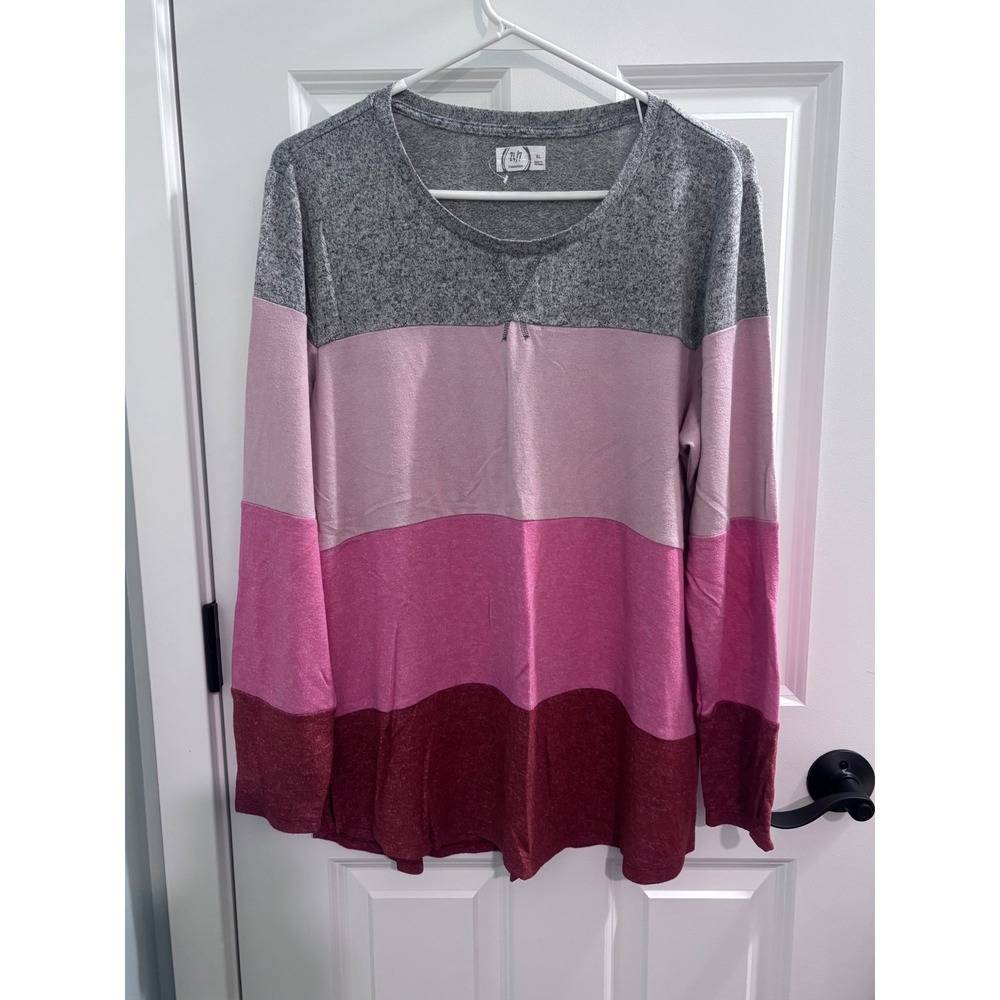 Maurices 24/7 Womens XL Colorblock Long Sleeve Top Grey Pink Burgundy Knit